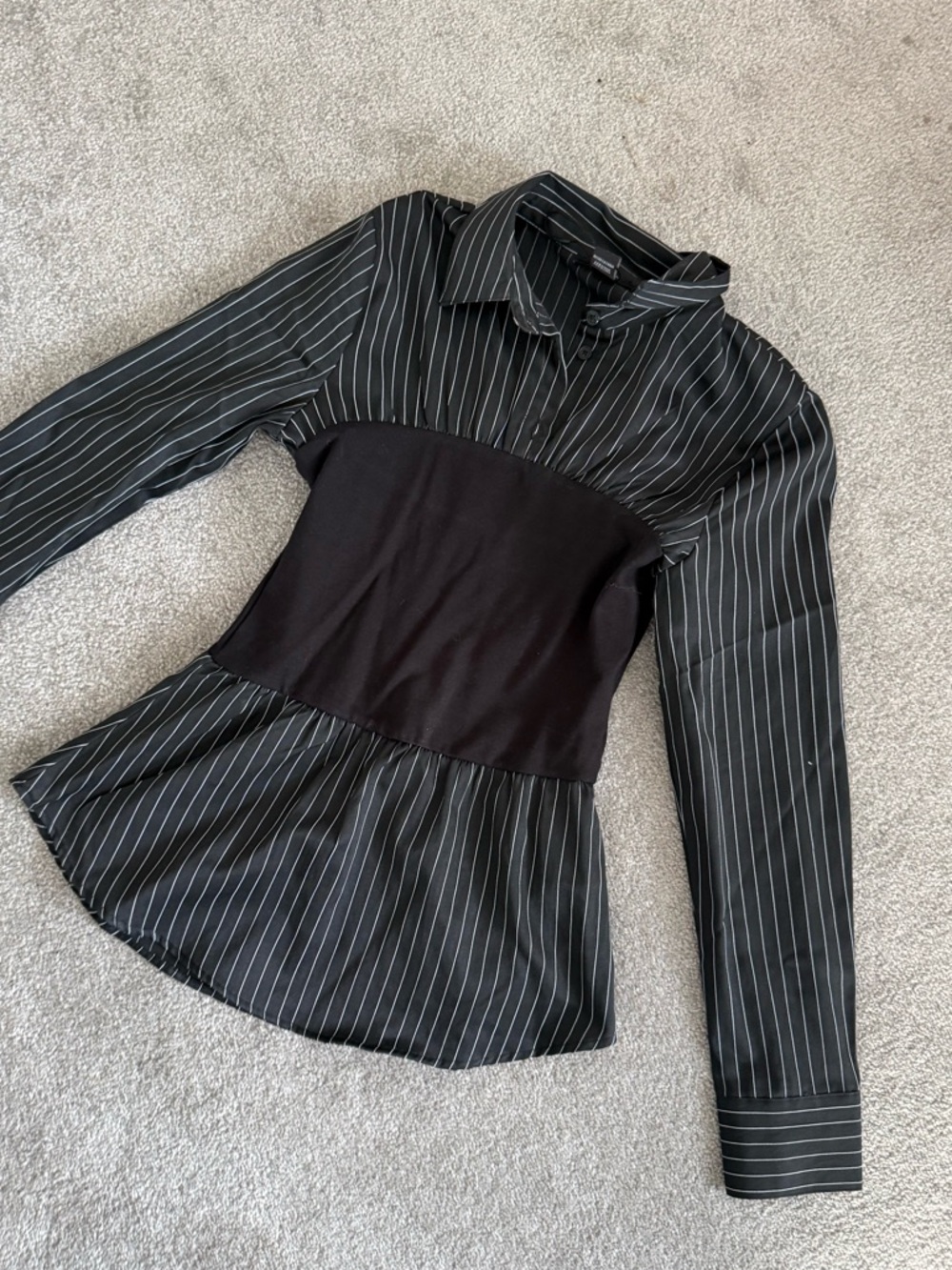 Black Pinstripe Peplum Top with Waist Panel